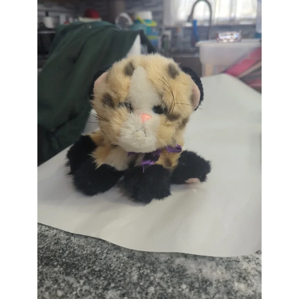 Vintage Tyco Kitty Kitty Jungle Kittens Plush Tan Leopard Spot Cat Purple Bow